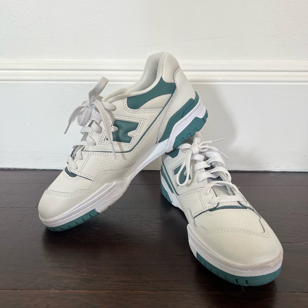 New Balance White and Green 550 Sneakers